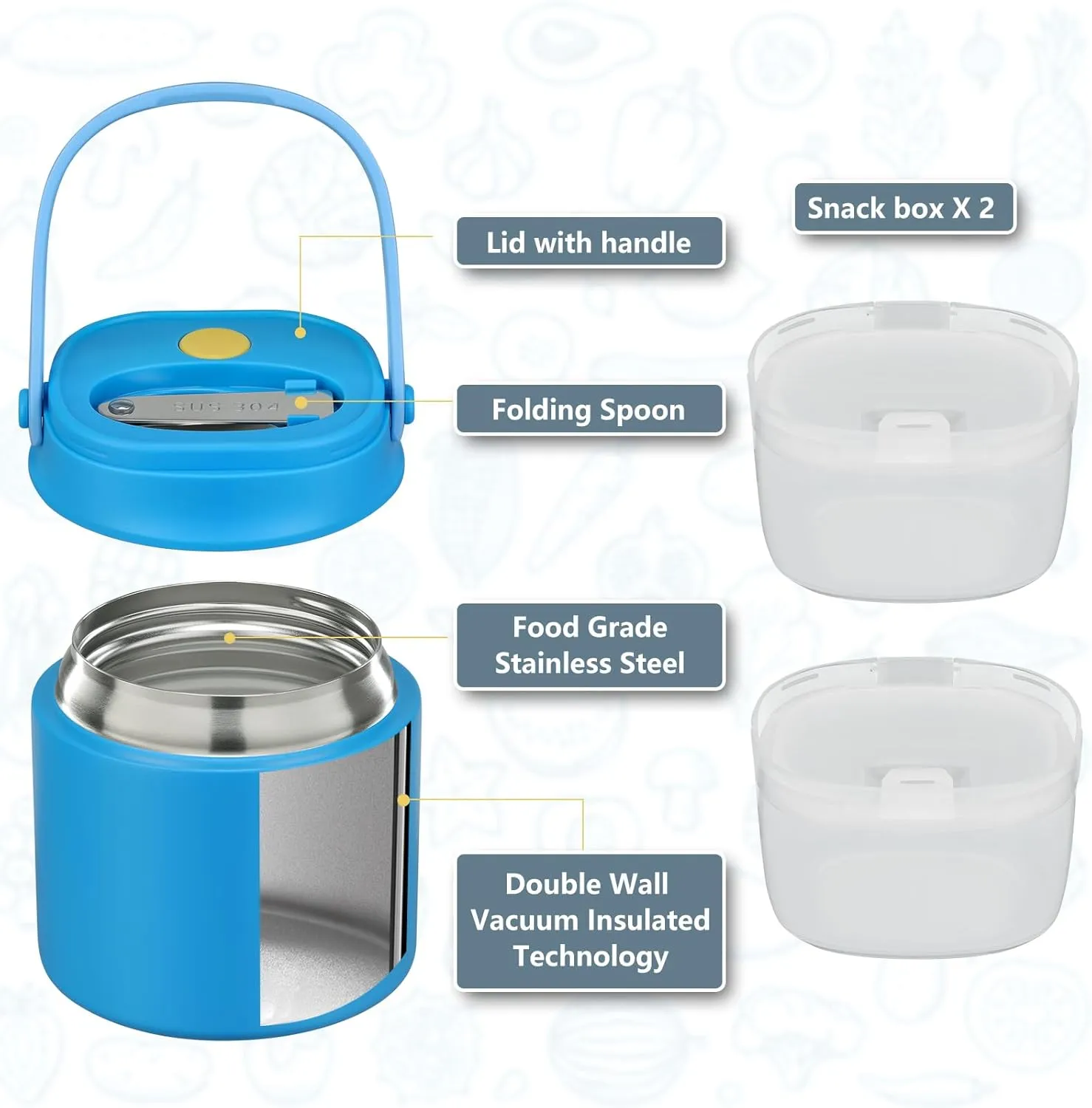 2 - in - 1 Soup Thermo for Hot Food 14oz with Snack Box Container 2pcs Leak Proof Insulated Lunch Container Kids and Adults Stainless Steel Double Wall Vacuum Wide-mouth Thermal with Spoon and Handle