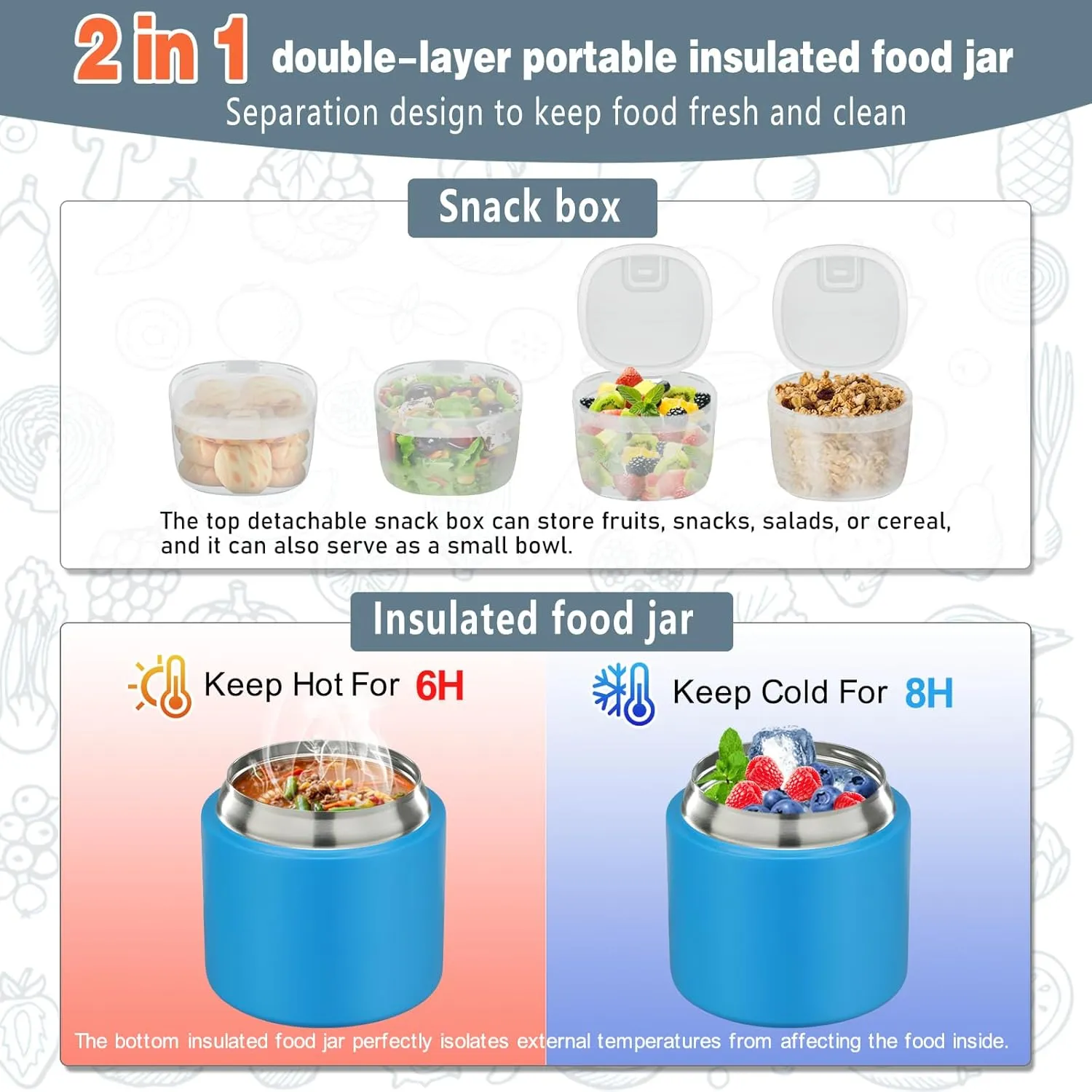 2 - in - 1 Soup Thermo for Hot Food 14oz with Snack Box Container 2pcs Leak Proof Insulated Lunch Container Kids and Adults Stainless Steel Double Wall Vacuum Wide-mouth Thermal with Spoon and Handle