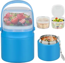 2 - in - 1 Soup Thermo for Hot Food 14oz with Snack Box Container 2pcs Leak Proof Insulated Lunch Container Kids and Adults Stainless Steel Double Wall Vacuum Wide-mouth Thermal with Spoon and Handle