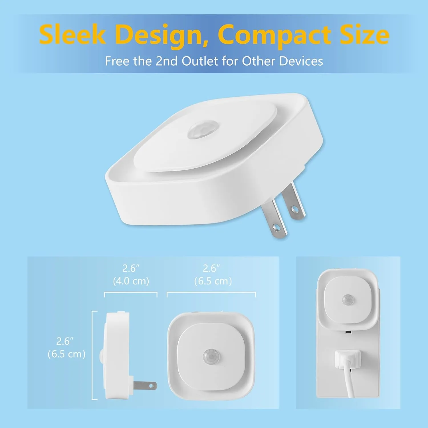 2 Pack Plug in Night Light with Motion Sensor & Dusk to Dawn Sensor, 3 Sensor Modes, Auto ON/Off, Dimmable, Night Lights Plug into Wall for Bathroom, Kitchen, Adults, Indoor, Light Blue