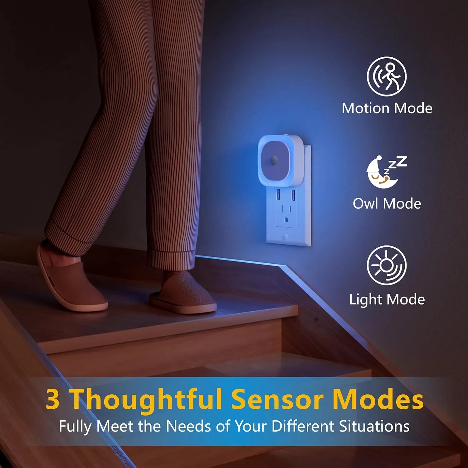 2 Pack Plug in Night Light with Motion Sensor & Dusk to Dawn Sensor, 3 Sensor Modes, Auto ON/Off, Dimmable, Night Lights Plug into Wall for Bathroom, Kitchen, Adults, Indoor, Light Blue