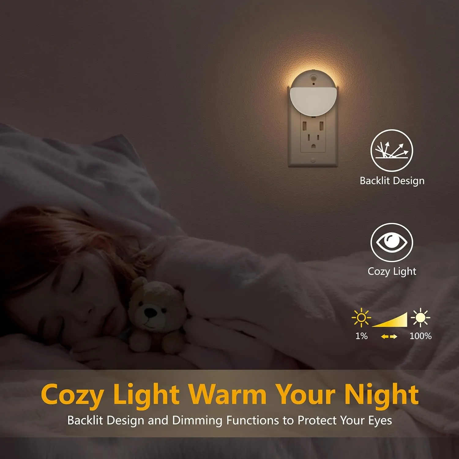2 Pack Plug in Night Light with Motion Sensor and Dusk to Dawn Sensor, Stepless Dimming, Warm White LED Nightlight with 3 Lighting Ways for Bathroom, Bedroom, Kitchen, Gifts for Kids, Adults