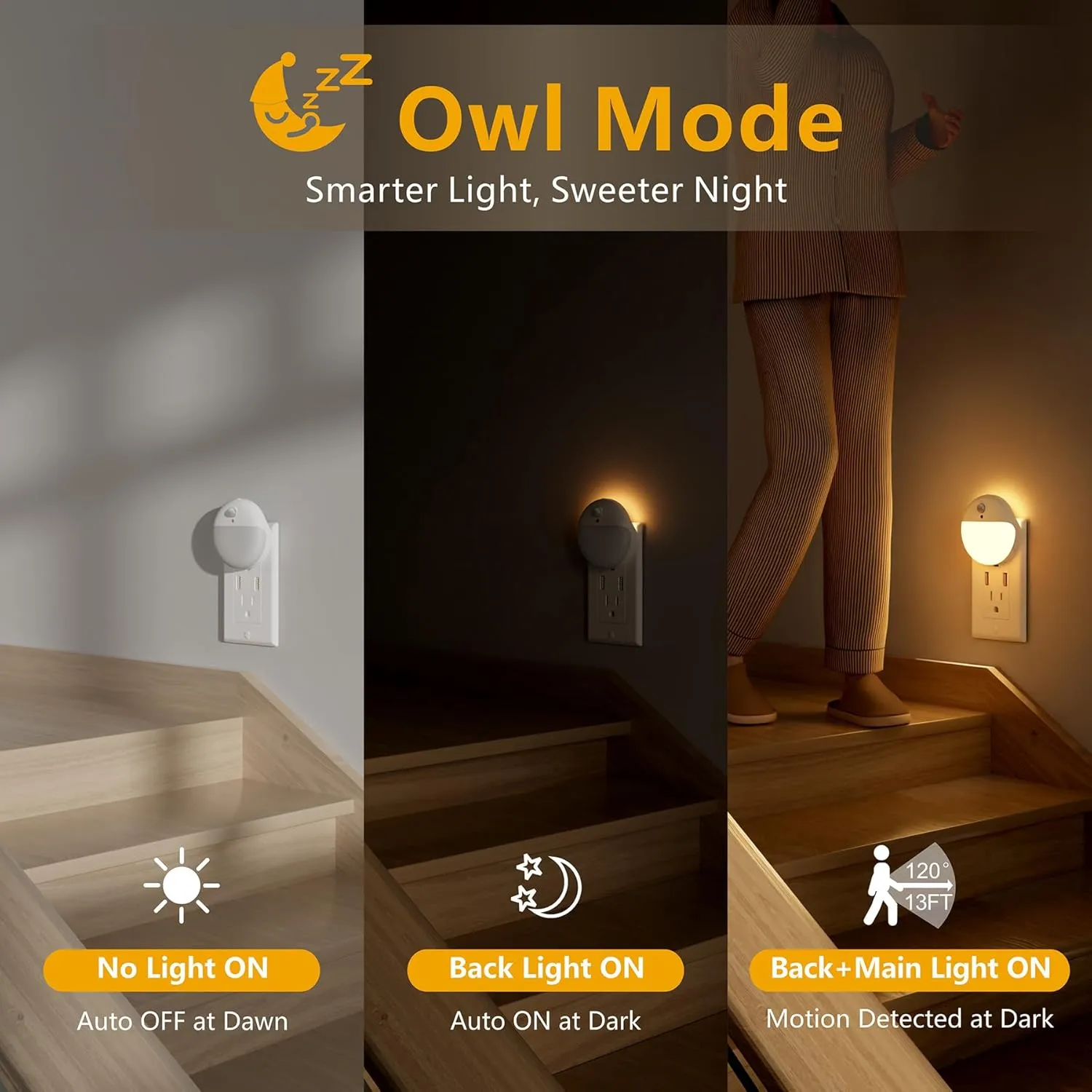 2 Pack Plug in Night Light with Motion Sensor and Dusk to Dawn Sensor, Stepless Dimming, Warm White LED Nightlight with 3 Lighting Ways for Bathroom, Bedroom, Kitchen, Gifts for Kids, Adults