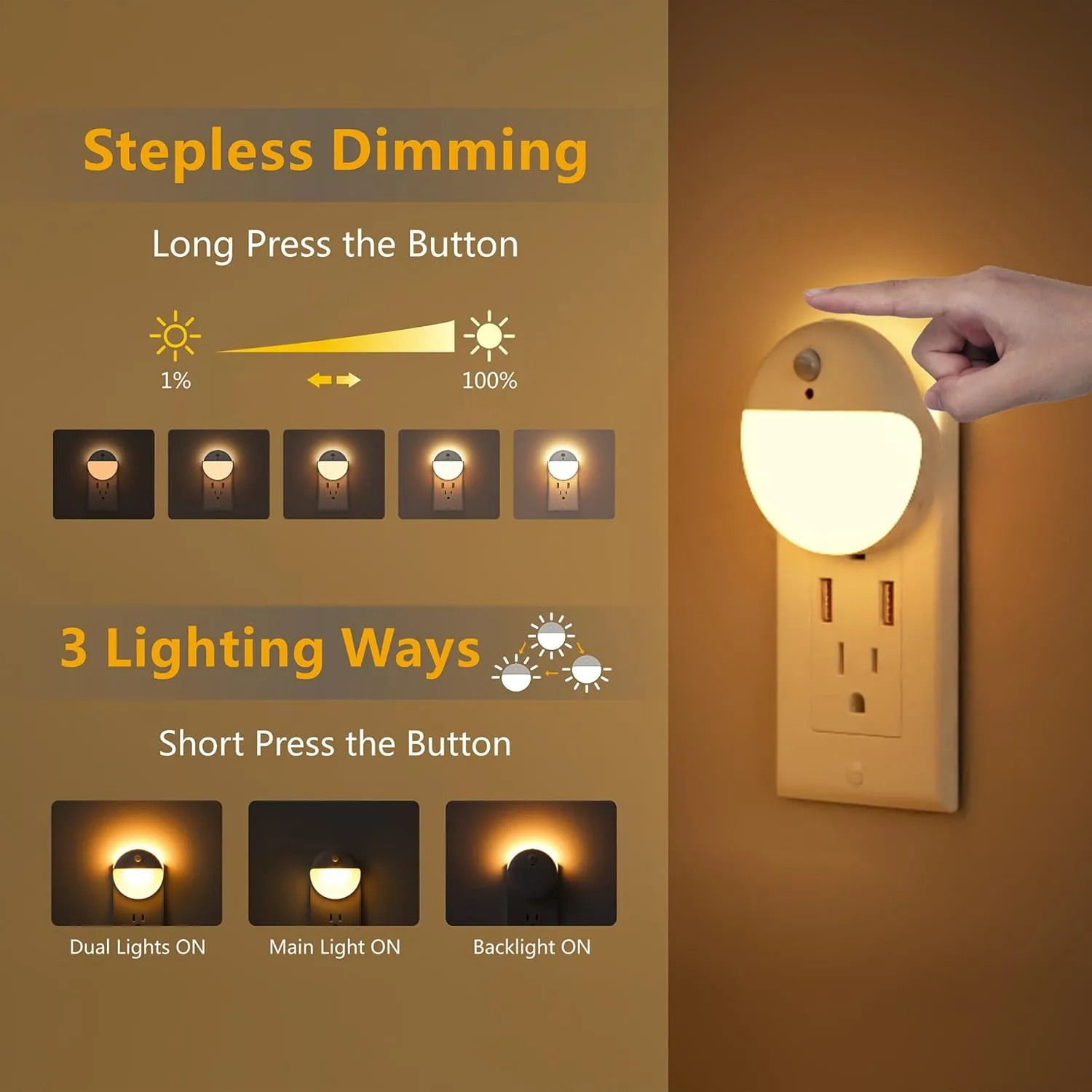 2 Pack Plug in Night Light with Motion Sensor and Dusk to Dawn Sensor, Stepless Dimming, Warm White LED Nightlight with 3 Lighting Ways for Bathroom, Bedroom, Kitchen, Gifts for Kids, Adults