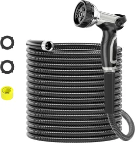 50ft 304 Stainless Steel Garden Hose Metal, Heavy Duty Water Pipe with Nozzles for Yard, Outdoor - Flexible, Never Kink & Tangle, Puncture Resistant (Black)