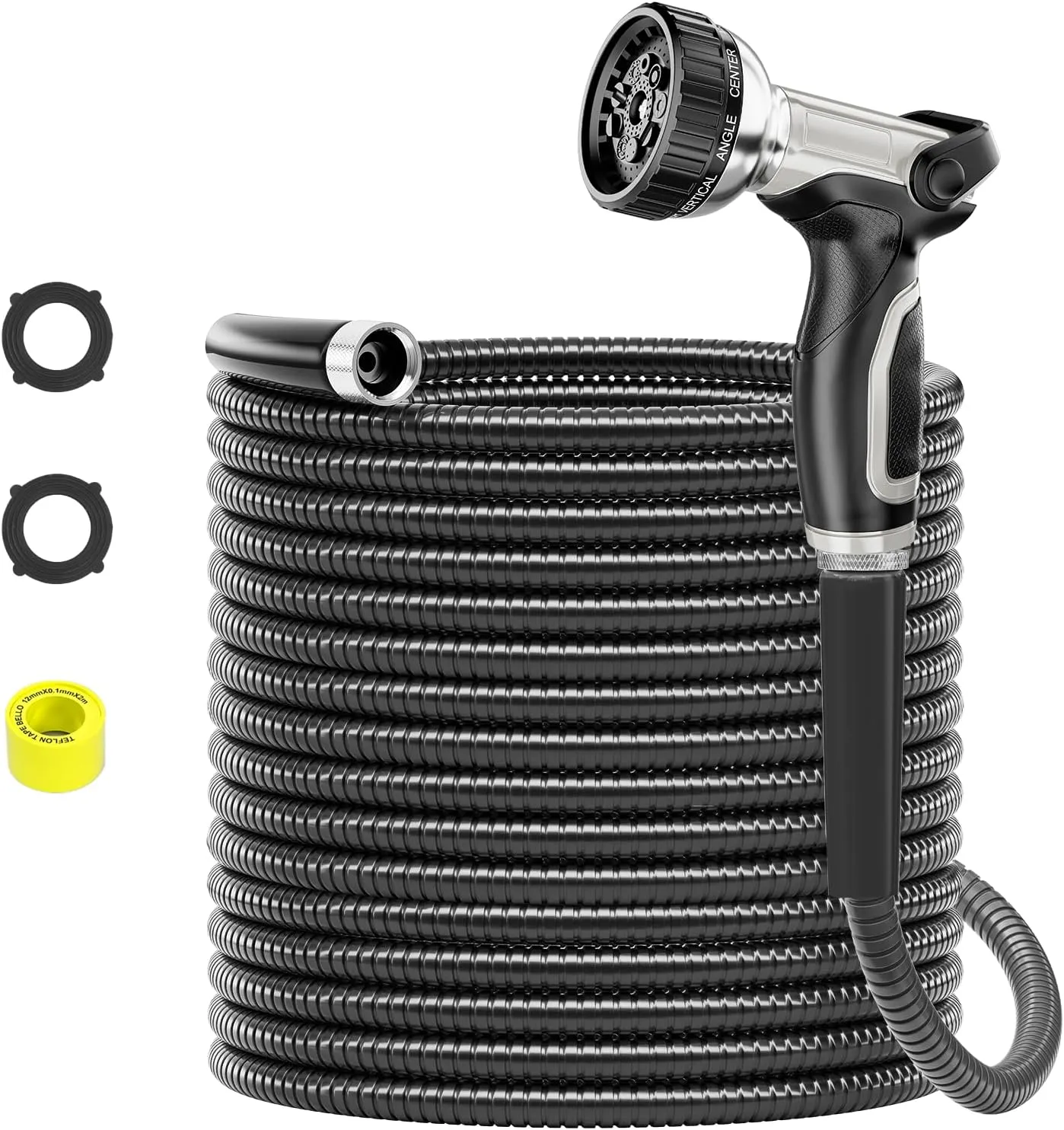 50ft 304 Stainless Steel Garden Hose Metal, Heavy Duty Water Pipe with Nozzles for Yard, Outdoor - Flexible, Never Kink & Tangle, Puncture Resistant (Black)