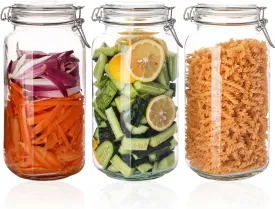 78oz Glass Food Storage Jars with Airtight Clamp Lids, 3 Pack Wide Mouth Large Kitchen Canisters for Flour, Cereal, Beans, Pasta and Canning, Square Mason Jar with Labels