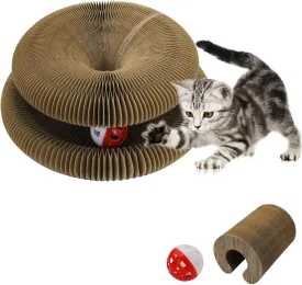Andiker Magic Organ Cat Scratching Board, Corrugated Paper Cat Scratcher with Jingly Ball for Playing Scratching Paws, Foldable Grinding Cat Toys for Indoor Cats for Mental & Physical Exercise(Wood)
