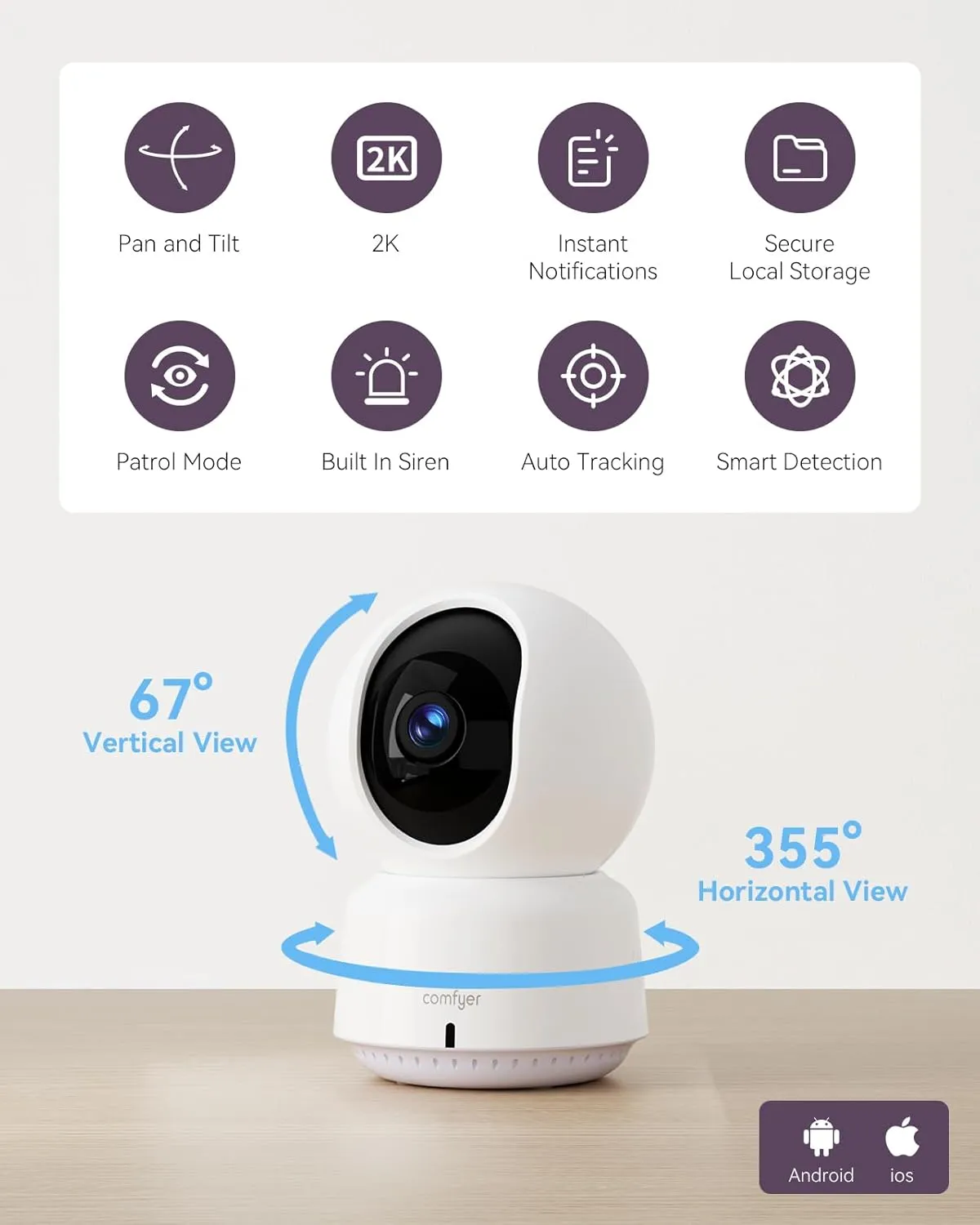 Baby/Pet Monitor for Indoor Security, Monitoring with Smart Phone app, 2K QHD Resolution, Auto Tracking/Motion Dection, 2-Way Audio Talk, Night Vision, Pan-Tilt Camera