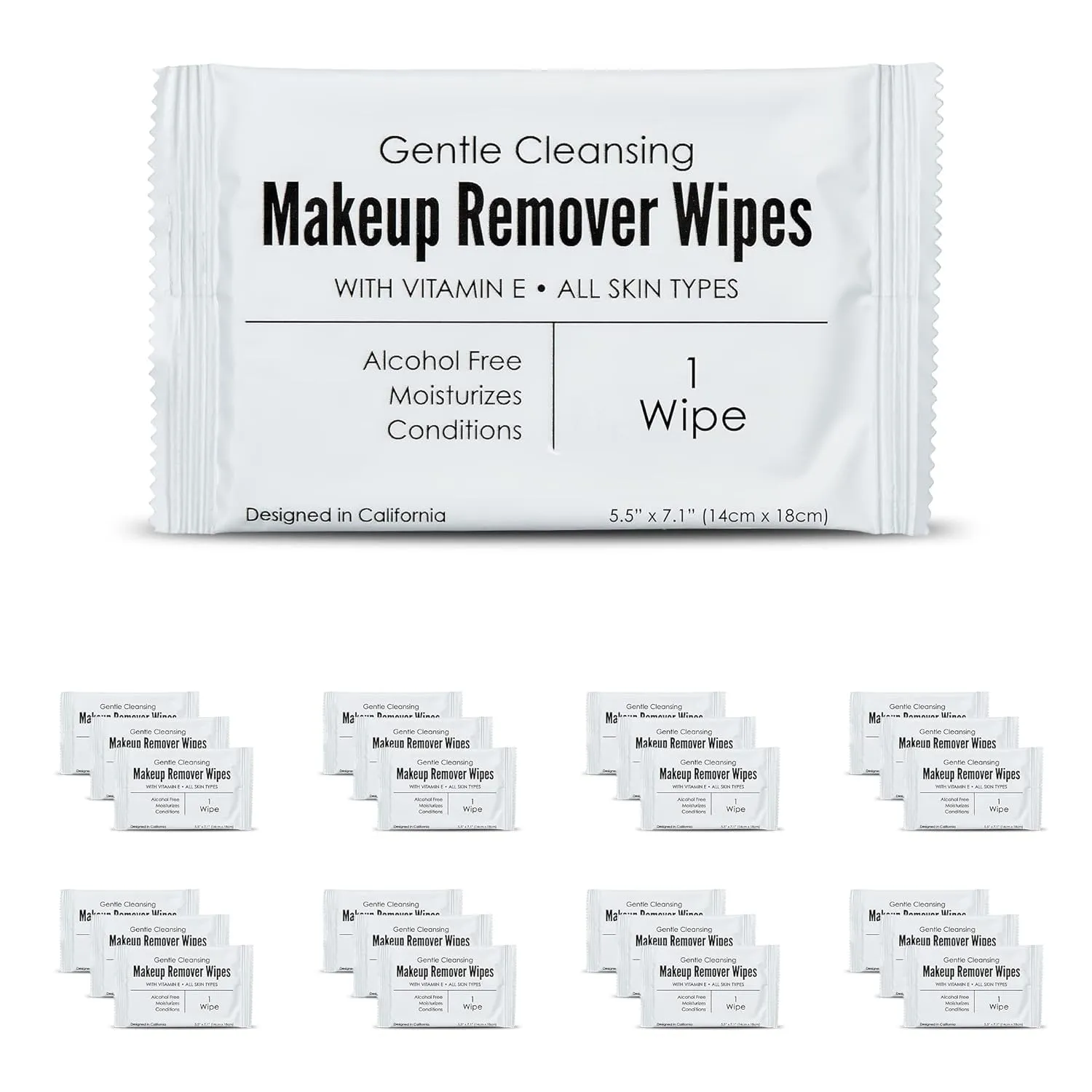 Bulk Makeup Remover Wipes | 50 Count | Individually Wrapped, Gentle Cleansing, Alcohol Free - All Skin Types - Vitamin E - 100% Recyclable, Hotel Travel Size Toiletries