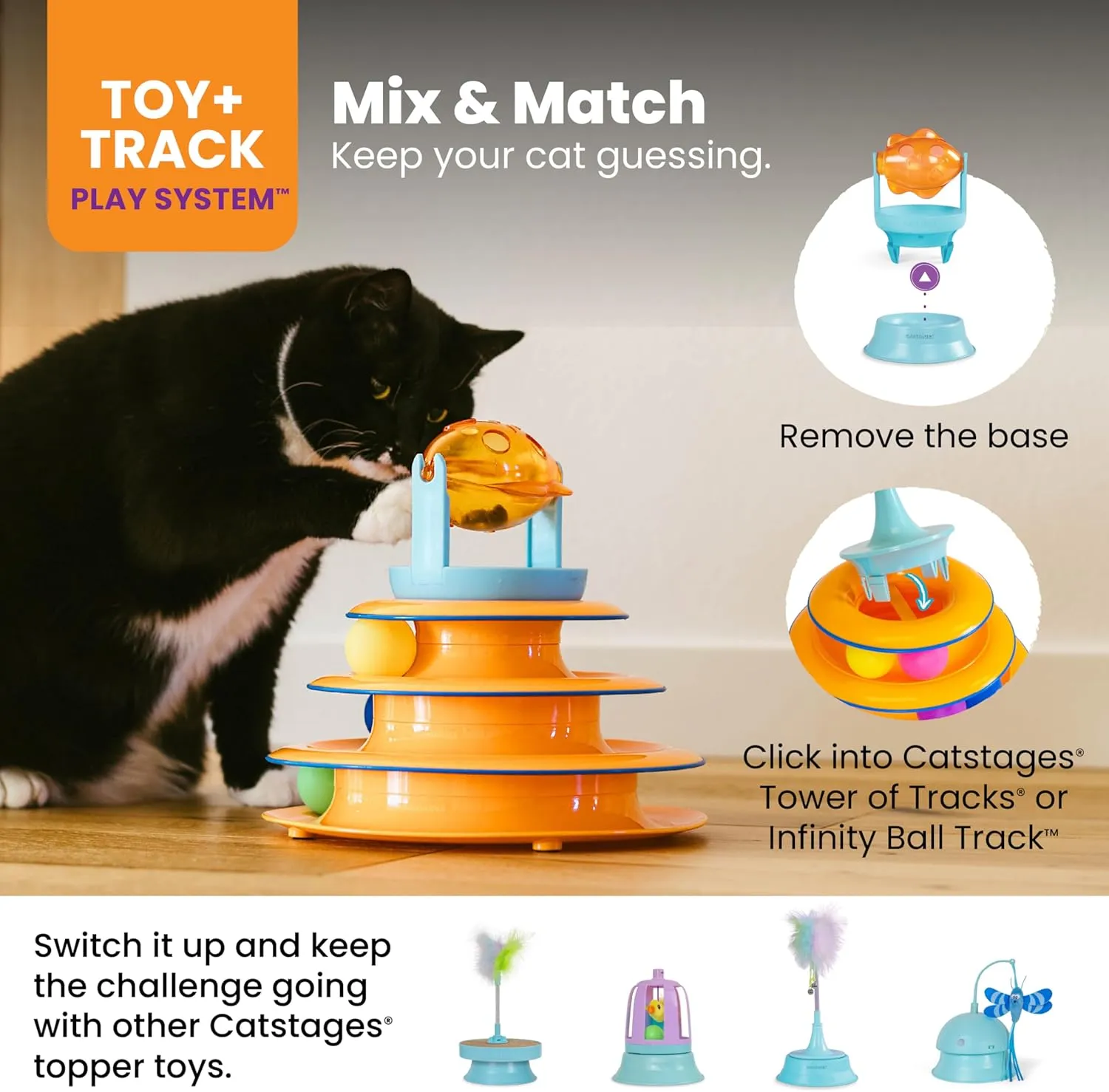 Catstages 2-in-1 Treat Toy Spinning Fish Interactive Cat Toy and Topper for Cat Ball Track, Treat-Dispensing, Fish, Orange