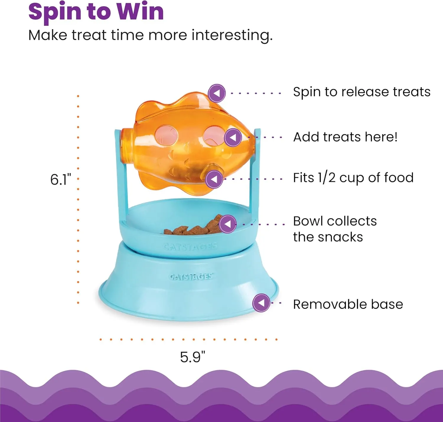 Catstages 2-in-1 Treat Toy Spinning Fish Interactive Cat Toy and Topper for Cat Ball Track, Treat-Dispensing, Fish, Orange
