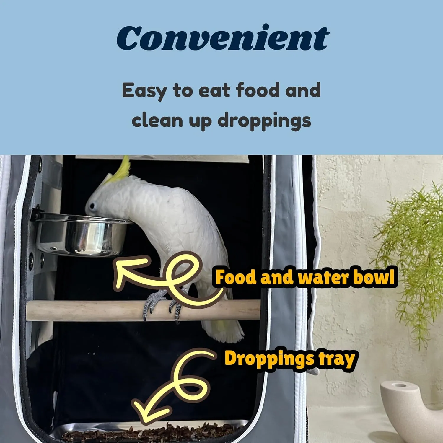 Cockatoo Carrier Backpack-Parrot Travel Cage with Wood Perch and Food Bowl, Stainless Steel Tray (Charcoal Gray, Large Birds (for Cockatoos))