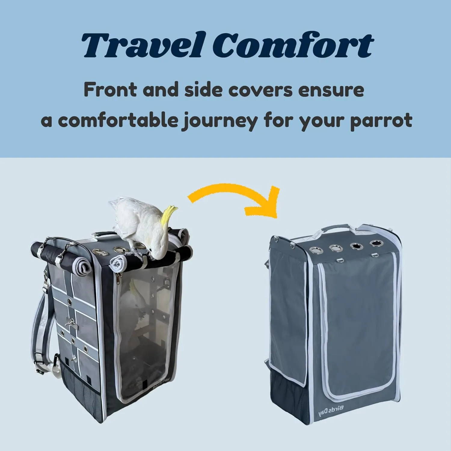 Cockatoo Carrier Backpack-Parrot Travel Cage with Wood Perch and Food Bowl, Stainless Steel Tray (Charcoal Gray, Large Birds (for Cockatoos))