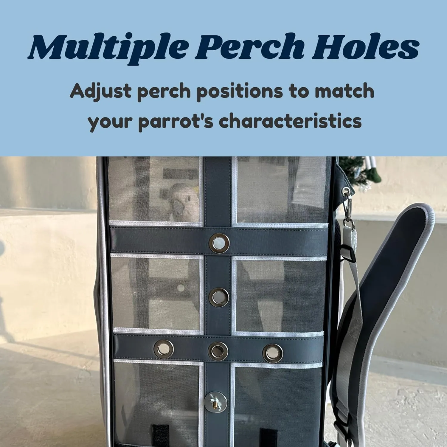 Cockatoo Carrier Backpack-Parrot Travel Cage with Wood Perch and Food Bowl, Stainless Steel Tray (Charcoal Gray, Large Birds (for Cockatoos))