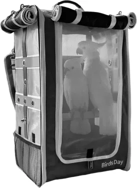 Cockatoo Carrier Backpack-Parrot Travel Cage with Wood Perch and Food Bowl, Stainless Steel Tray (Charcoal Gray, Large Birds (for Cockatoos))