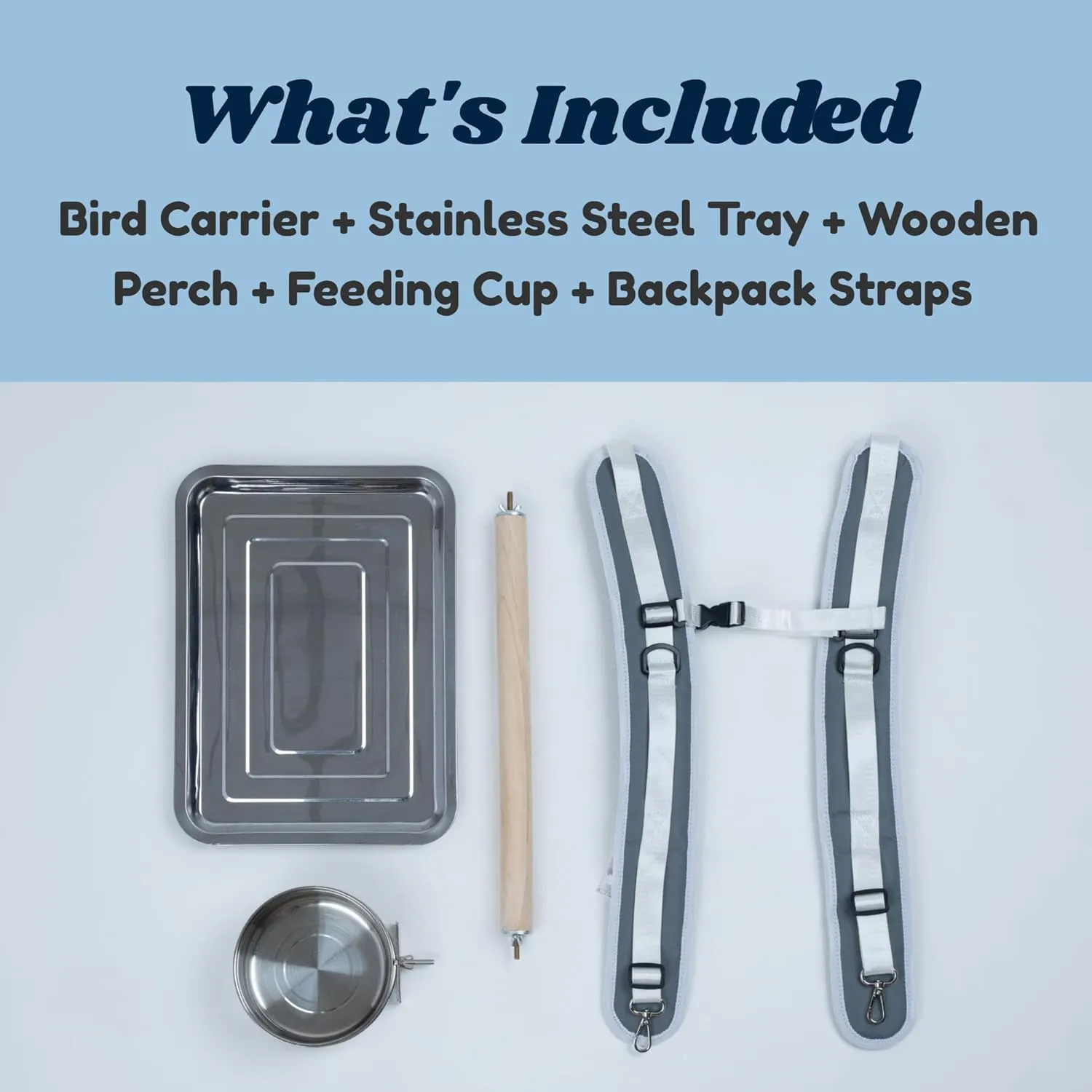 Cockatoo Carrier Backpack-Parrot Travel Cage with Wood Perch and Food Bowl, Stainless Steel Tray (Charcoal Gray, Large Birds (for Cockatoos))