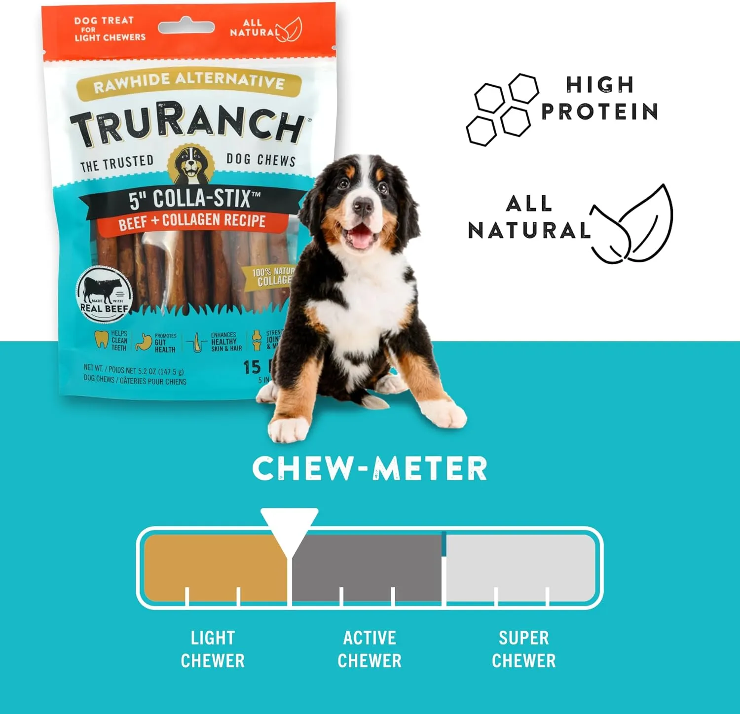 Collagen Sticks - 5" Collagen Sticks for Dogs - Long Lasting Healthy Joint Support Dog Treat - Rawhide Alternative - Skin & Coat Health - Made with Real Beef, 1 Bag, 15 Count