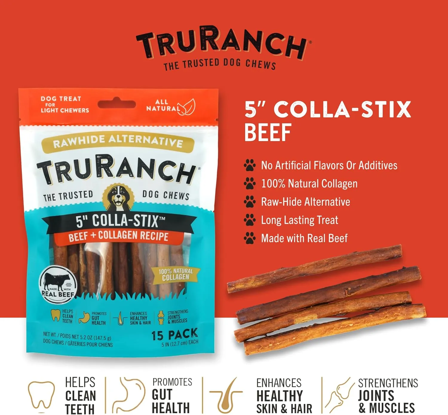 Collagen Sticks - 5" Collagen Sticks for Dogs - Long Lasting Healthy Joint Support Dog Treat - Rawhide Alternative - Skin & Coat Health - Made with Real Beef, 1 Bag, 15 Count