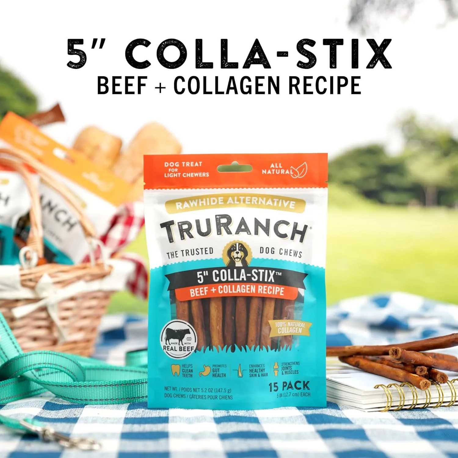 Collagen Sticks - 5" Collagen Sticks for Dogs - Long Lasting Healthy Joint Support Dog Treat - Rawhide Alternative - Skin & Coat Health - Made with Real Beef, 1 Bag, 15 Count