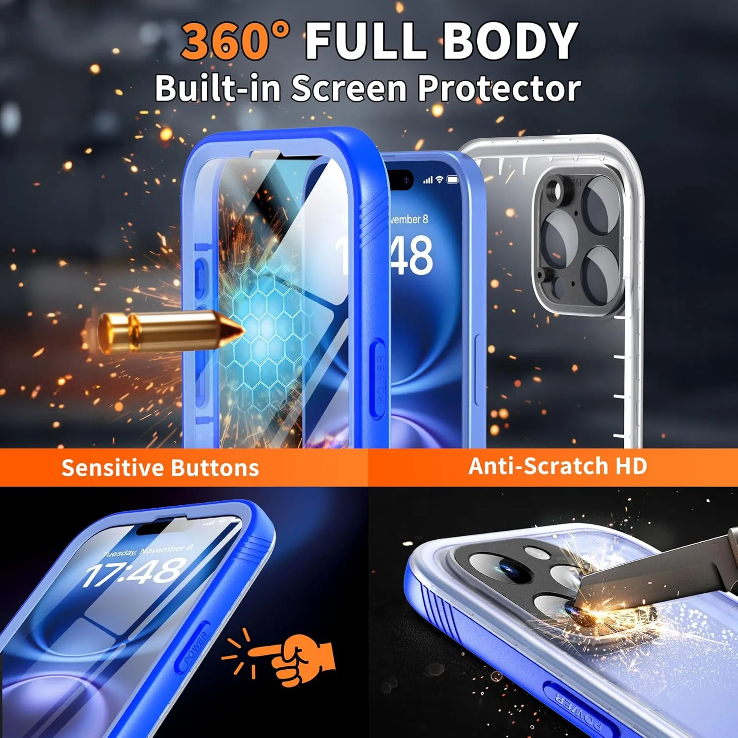 Cozycase for iPhone 16 Pro Max Case Waterproof - 360 Heavy Duty with Screen/Camera Protector Shockproof IP68 Underwater Dustproof Water Shock Proof Full Body/Front and Back Case Blue/Frosted Clear