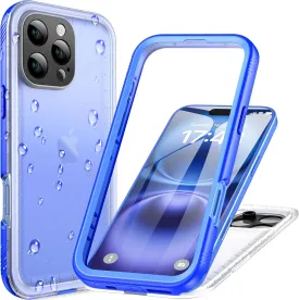 Cozycase for iPhone 16 Pro Max Case Waterproof - 360 Heavy Duty with Screen/Camera Protector Shockproof IP68 Underwater Dustproof Water Shock Proof Full Body/Front and Back Case Blue/Frosted Clear