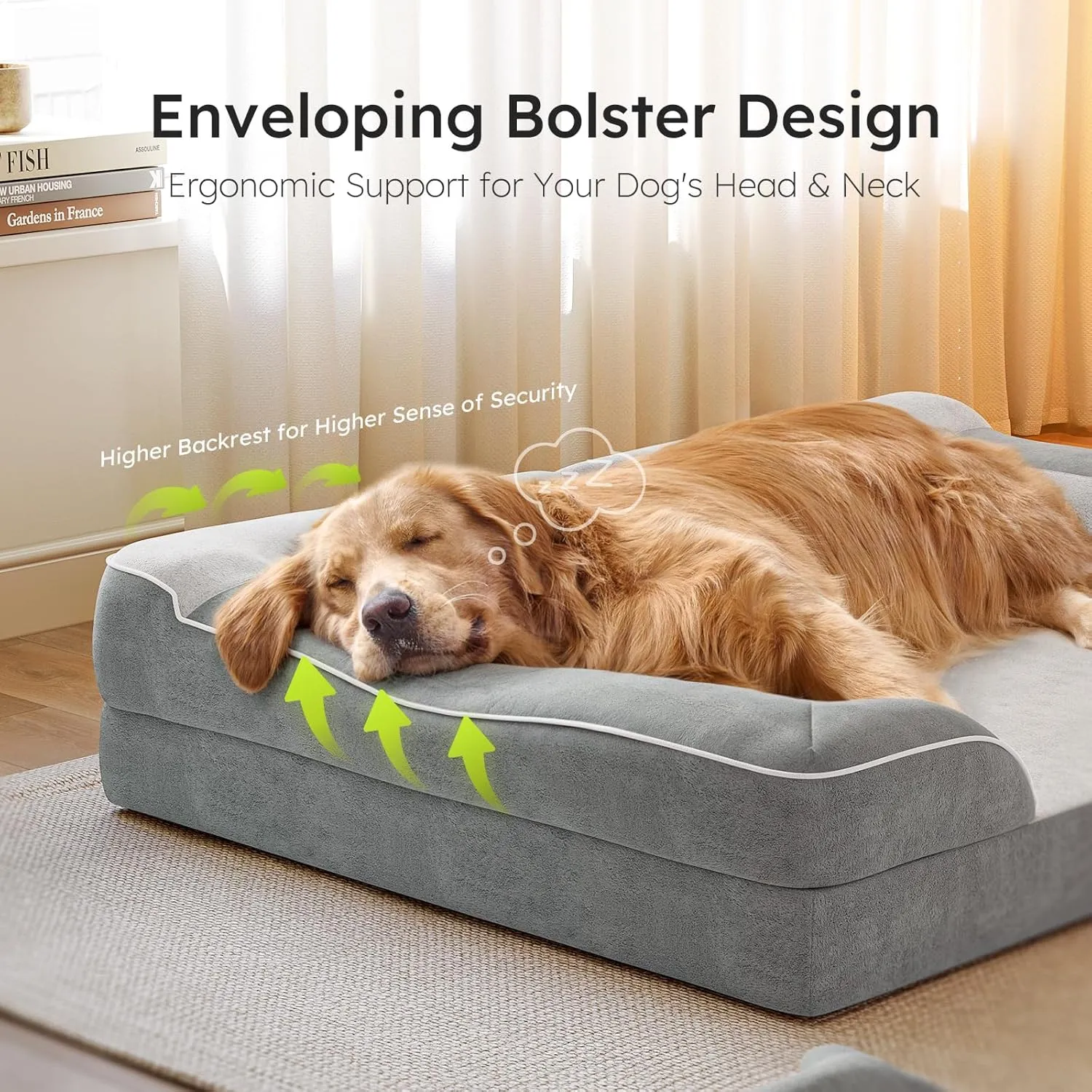 Dog Beds for Large Dogs, Orthopedic Dog Bed with Cooling Gel Memory Foam, Waterproof Large Dog Bed with Removable Washable Cover, 36"Dog Sofa Couch Dutch Velvet with Blanket Bone Toy, Light Gray