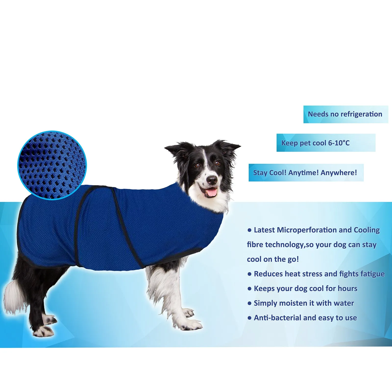 Dog Cooling Coat, Adjustable Size, Back Length 70 cm, Polyester-Blue