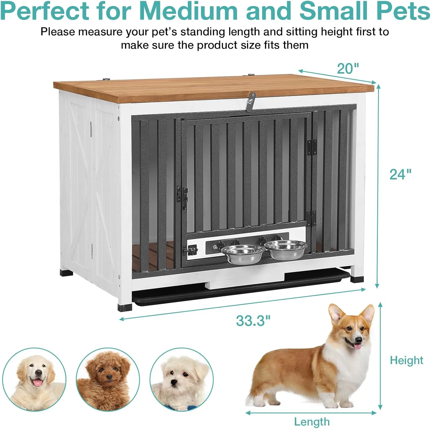 Dog Crate Furniture,Folable Indoor Dog Kennel with Pull-Out Tray and 2 Bowls,Modern Side End Table for Medium/Large/Small Dog