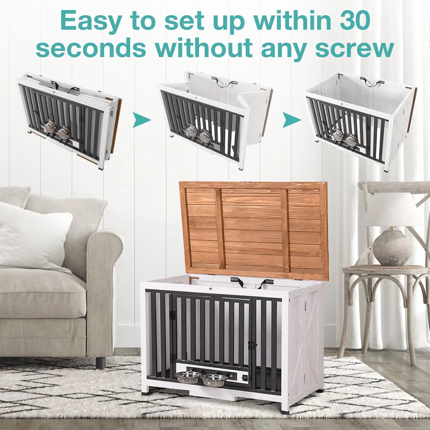 Dog Crate Furniture,Folable Indoor Dog Kennel with Pull-Out Tray and 2 Bowls,Modern Side End Table for Medium/Large/Small Dog