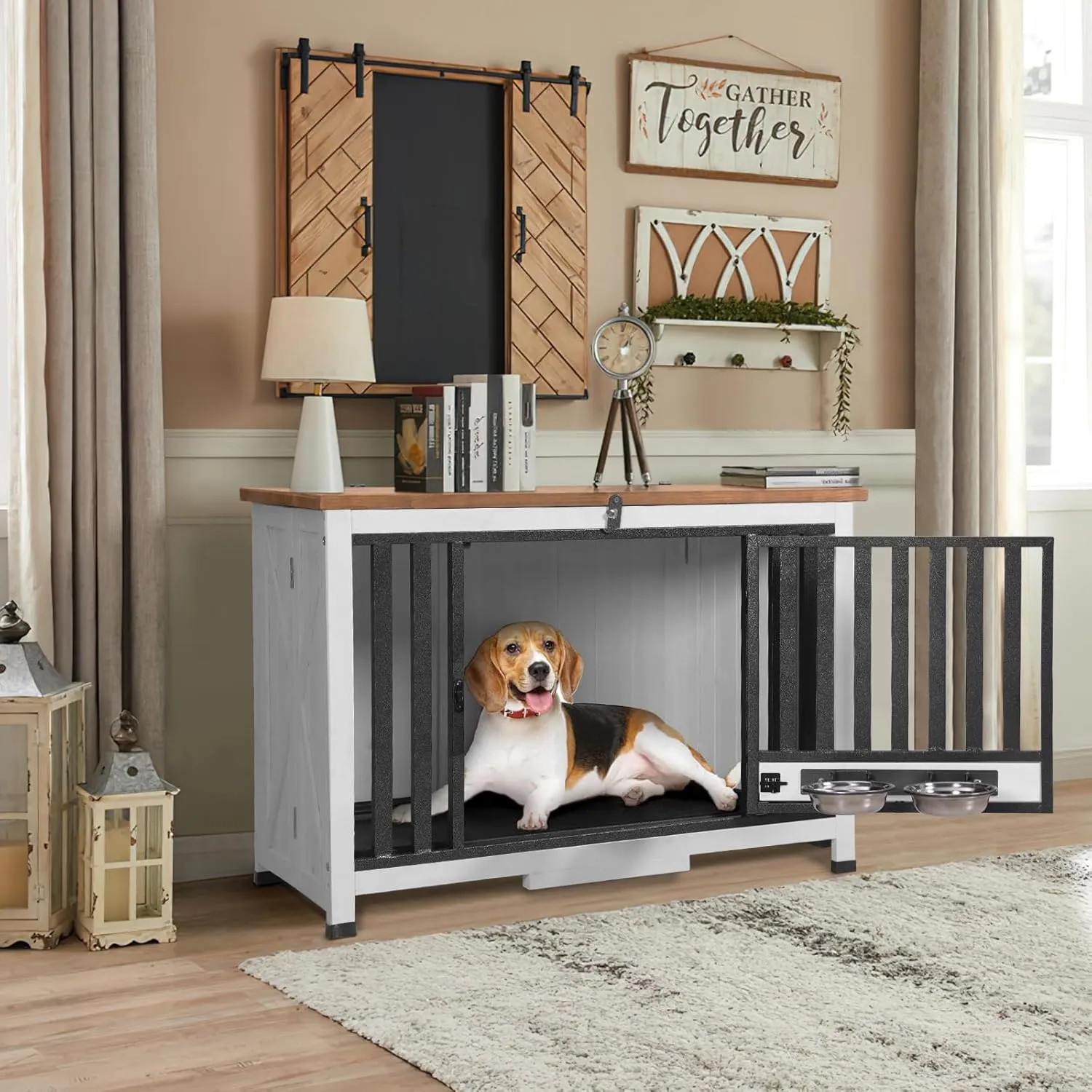 Dog Crate Furniture,Folable Indoor Dog Kennel with Pull-Out Tray and 2 Bowls,Modern Side End Table for Medium/Large/Small Dog