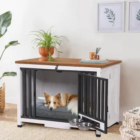 Dog Crate Furniture,Folable Indoor Dog Kennel with Pull-Out Tray and 2 Bowls,Modern Side End Table for Medium/Large/Small Dog
