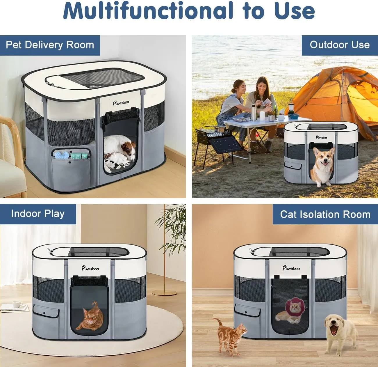 Dog Playpen, Portable Pet Playpen Cat PlayPen, 600D Oxford Dog Kennel Tent Crate, Waterproof&Breathable, Indoor Outdoor Travel Camping Use for Medium/Large Breed with Carrying Case Folding Bowl,L,Gray
