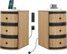 End Table with Charging Station for Couch,Mid-Century Modern Narrow Sofa Side Table with Drawer for Living Room,Small Bed Side Table for Bedroom (Natural, 2 Set)
