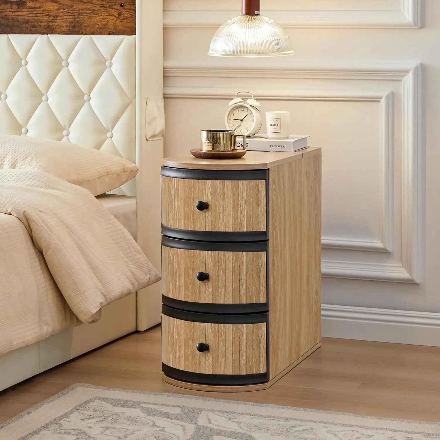 End Table with Charging Station for Couch,Mid-Century Modern Narrow Sofa Side Table with Drawer for Living Room,Small Bed Side Table for Bedroom (Natural, 2 Set)