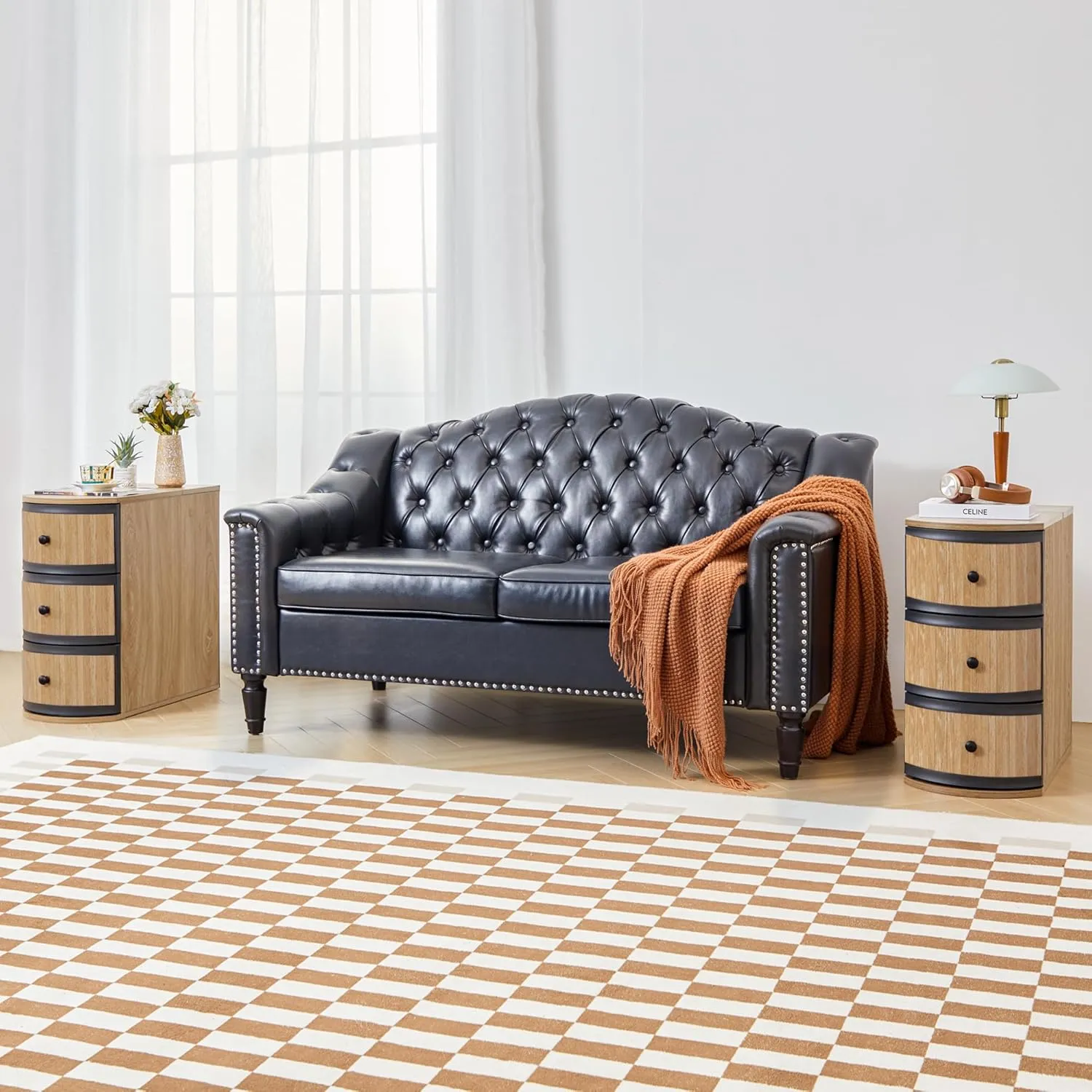 End Table with Charging Station for Couch,Mid-Century Modern Narrow Sofa Side Table with Drawer for Living Room,Small Bed Side Table for Bedroom (Natural, 2 Set)