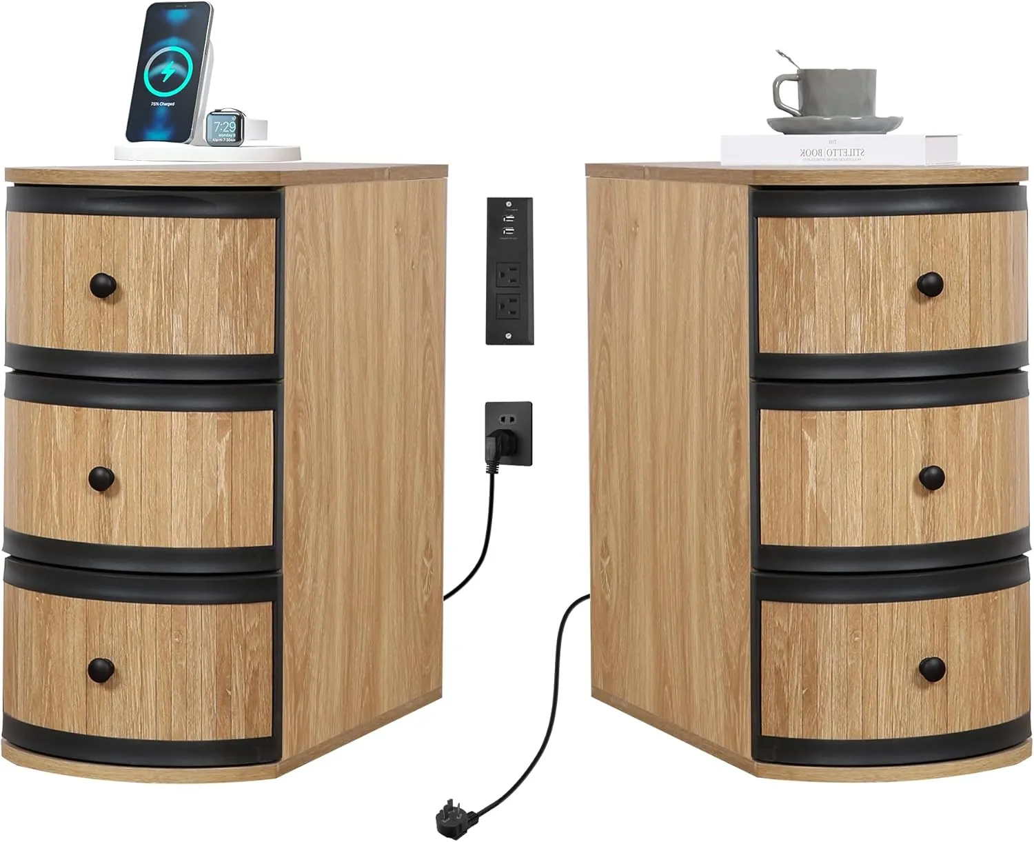 End Table with Charging Station for Couch,Mid-Century Modern Narrow Sofa Side Table with Drawer for Living Room,Small Bed Side Table for Bedroom (Natural, 2 Set)