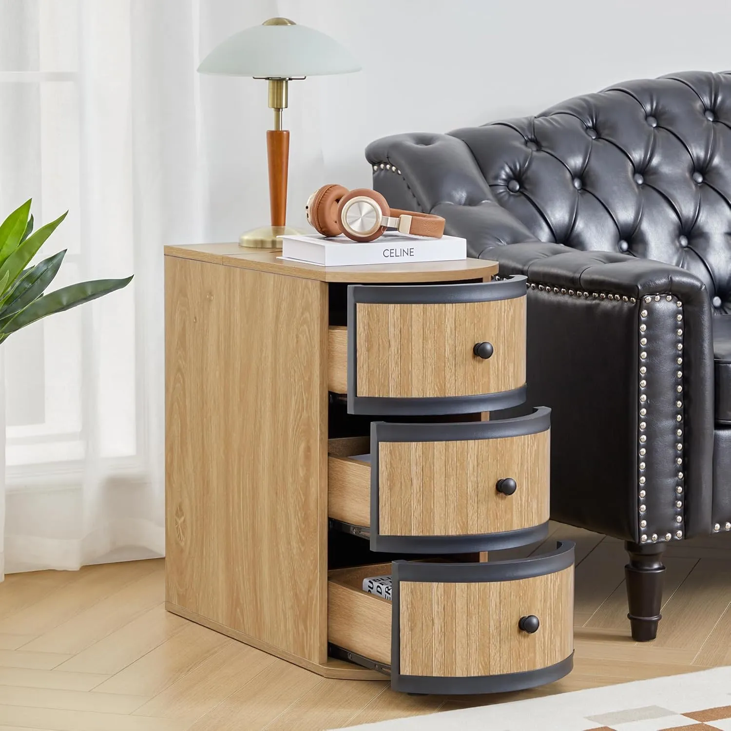 End Table with Charging Station for Couch,Mid-Century Modern Narrow Sofa Side Table with Drawer for Living Room,Small Bed Side Table for Bedroom (Natural, 2 Set)