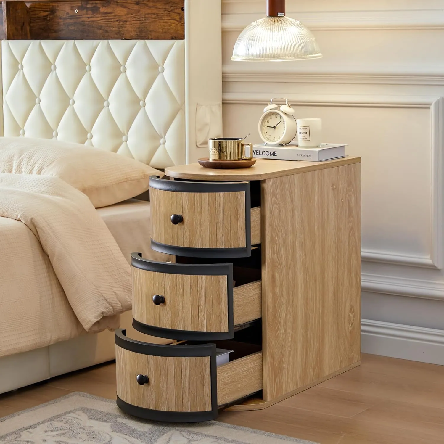 End Table with Charging Station for Couch,Mid-Century Modern Narrow Sofa Side Table with Drawer for Living Room,Small Bed Side Table for Bedroom (Natural, 2 Set)