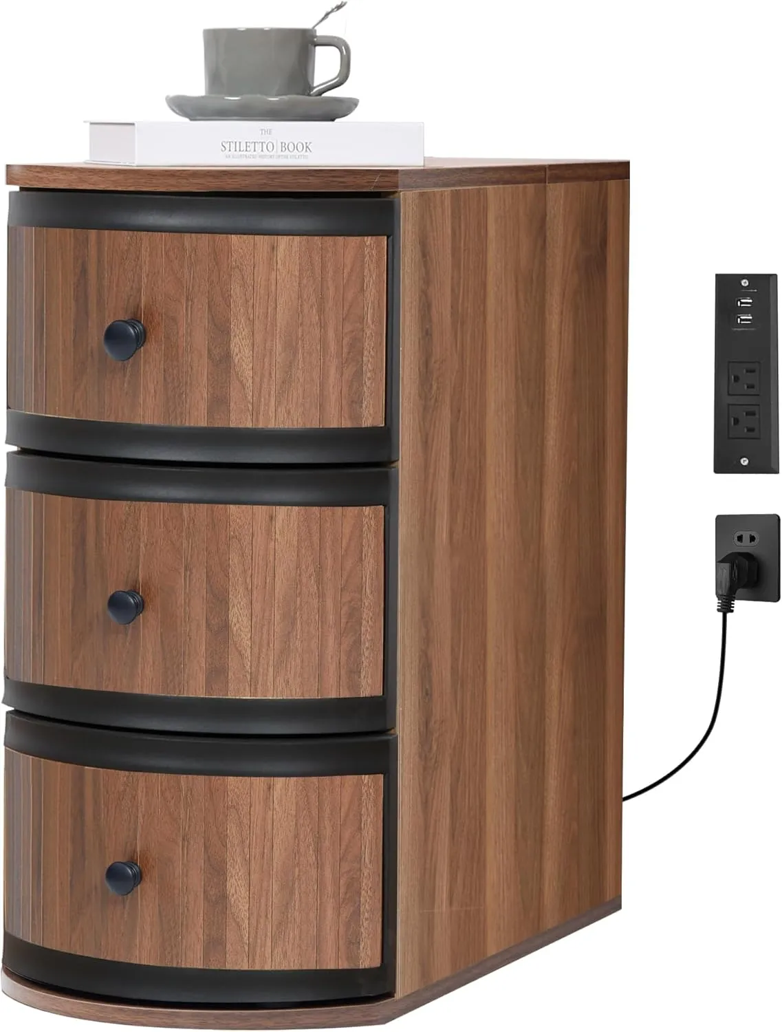 End Table with Charging Station for Couch,Mid-Century Modern Narrow Sofa Side Table with Drawer for Living Room,Small Bed Side Table for Bedroom (Walnut, 2 Set)