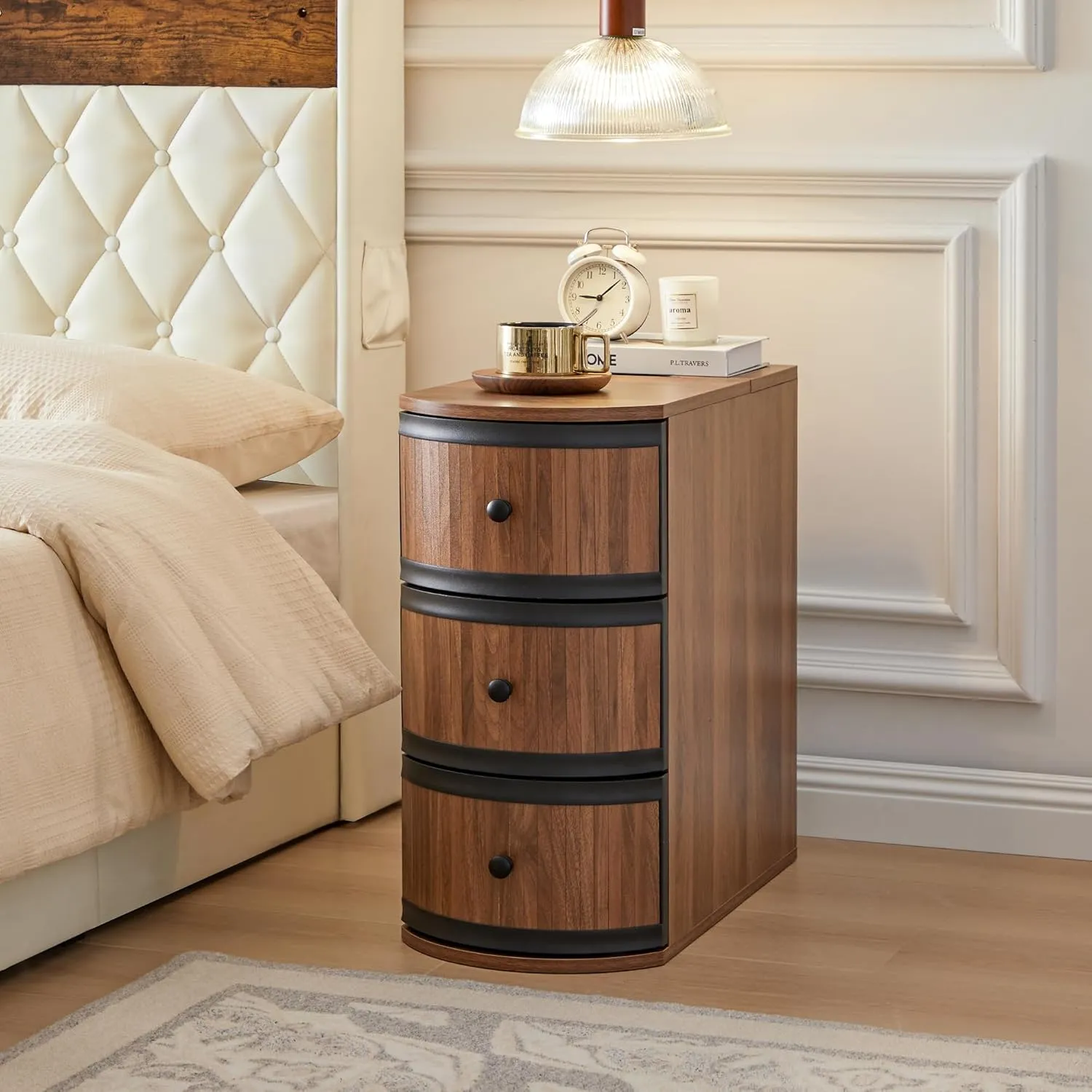 End Table with Charging Station for Couch,Mid-Century Modern Narrow Sofa Side Table with Drawer for Living Room,Small Bed Side Table for Bedroom (Walnut, 2 Set)