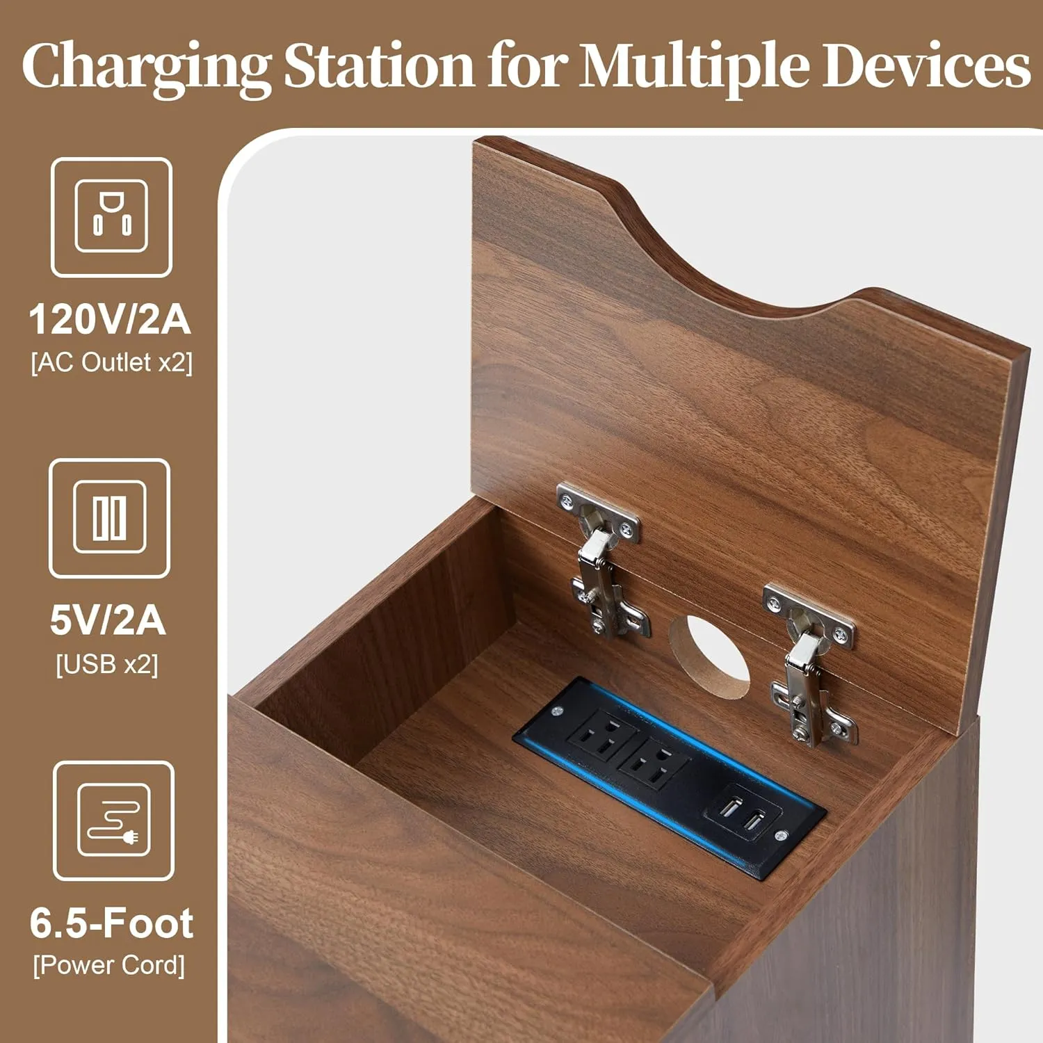 End Table with Charging Station for Couch,Mid-Century Modern Narrow Sofa Side Table with Drawer for Living Room,Small Bed Side Table for Bedroom (Walnut, 2 Set)