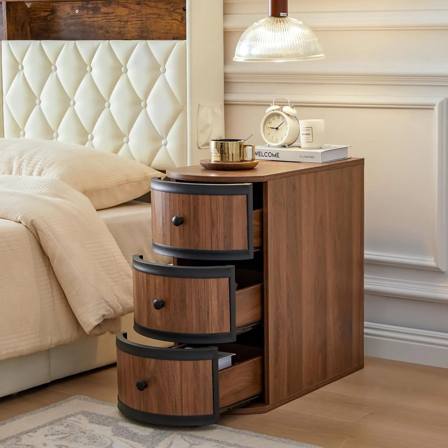End Table with Charging Station for Couch,Mid-Century Modern Narrow Sofa Side Table with Drawer for Living Room,Small Bed Side Table for Bedroom (Walnut, 2 Set)
