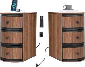 End Table with Charging Station for Couch,Mid-Century Modern Narrow Sofa Side Table with Drawer for Living Room,Small Bed Side Table for Bedroom (Walnut, 2 Set)