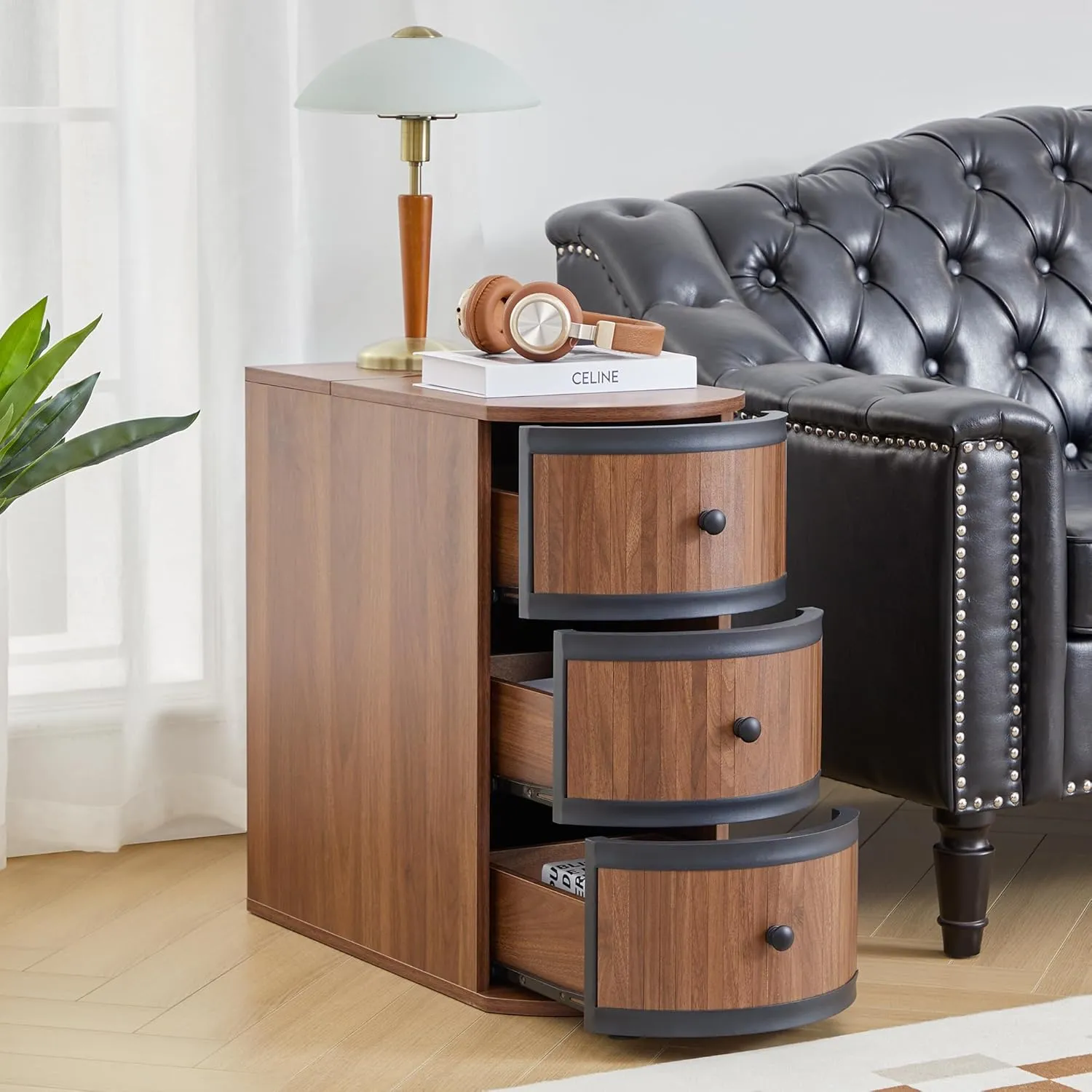 End Table with Charging Station for Couch,Mid-Century Modern Narrow Sofa Side Table with Drawer for Living Room,Small Bed Side Table for Bedroom (Walnut, 2 Set)
