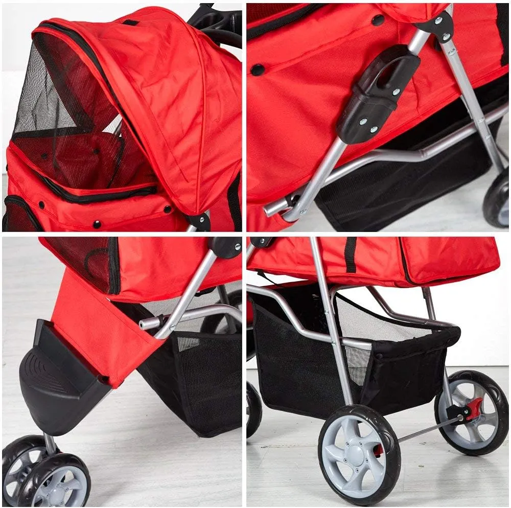 Folding Pet Stroller Elite Jogger Kitten Puppy Easy Walk Dog Cat Small Animals Travel Carrier with 360 Rotating Front Wheel red