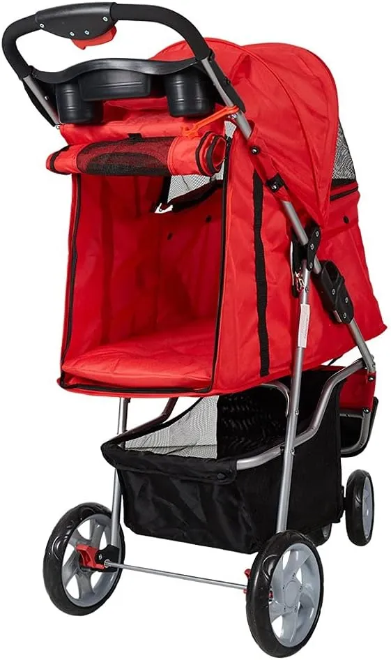 Folding Pet Stroller Elite Jogger Kitten Puppy Easy Walk Dog Cat Small Animals Travel Carrier with 360 Rotating Front Wheel red