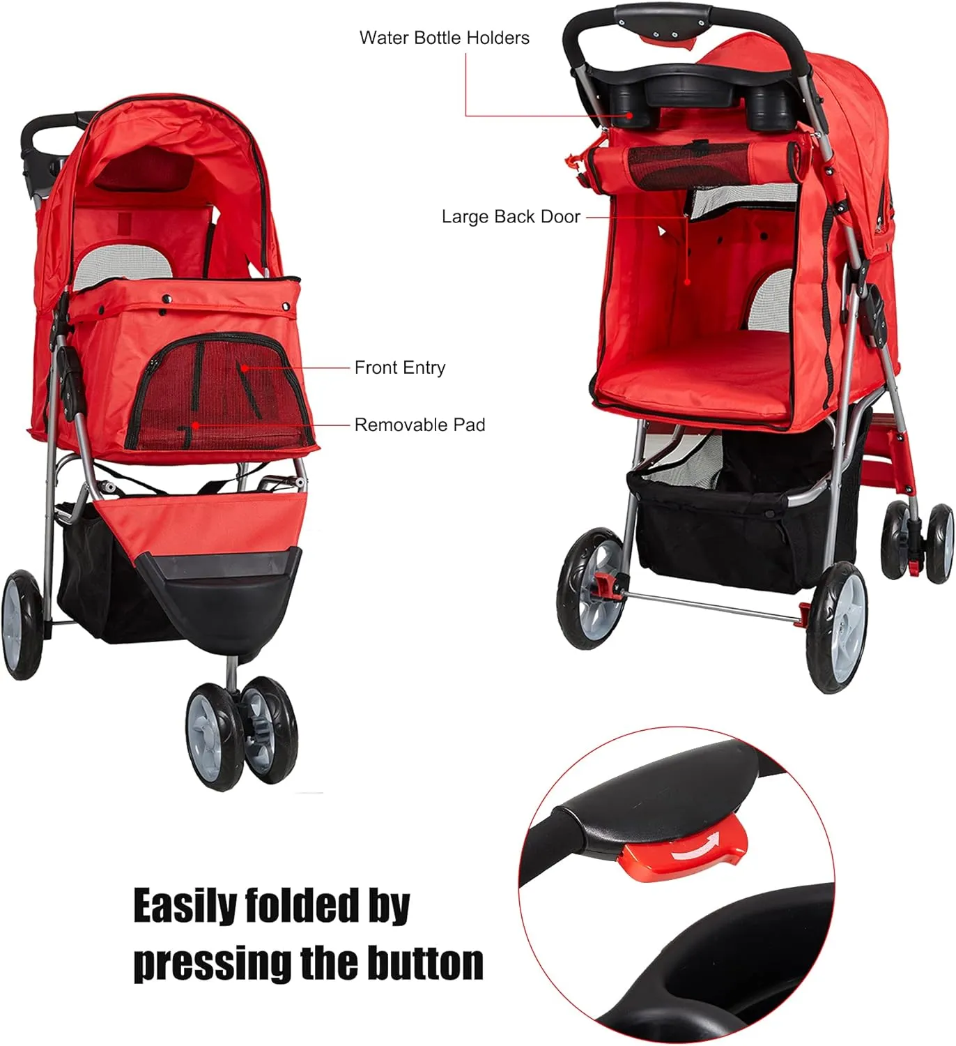 Folding Pet Stroller Elite Jogger Kitten Puppy Easy Walk Dog Cat Small Animals Travel Carrier with 360 Rotating Front Wheel red