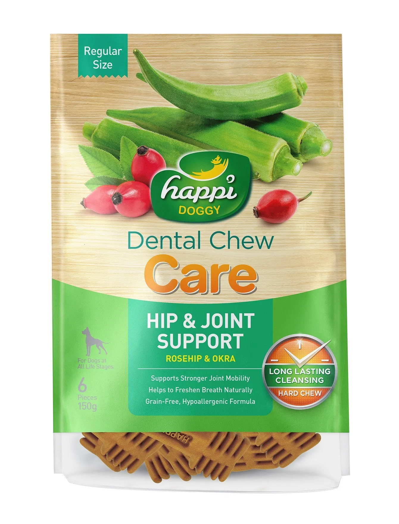 Happi Doggy Care Rosehip & Okra Hip & Joint Support Grain-Free Dental Dog Chews 150g