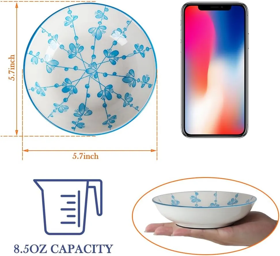 HAPPY KIT 2pcs Ceramic Cat Food Bowls Set,8.5oz Colorful Cats Dish/Dishes lndoor for Relief Whisker Friendly,5.7inch Wide Shallow Plate with Non-Slip Mat, 2 Petals